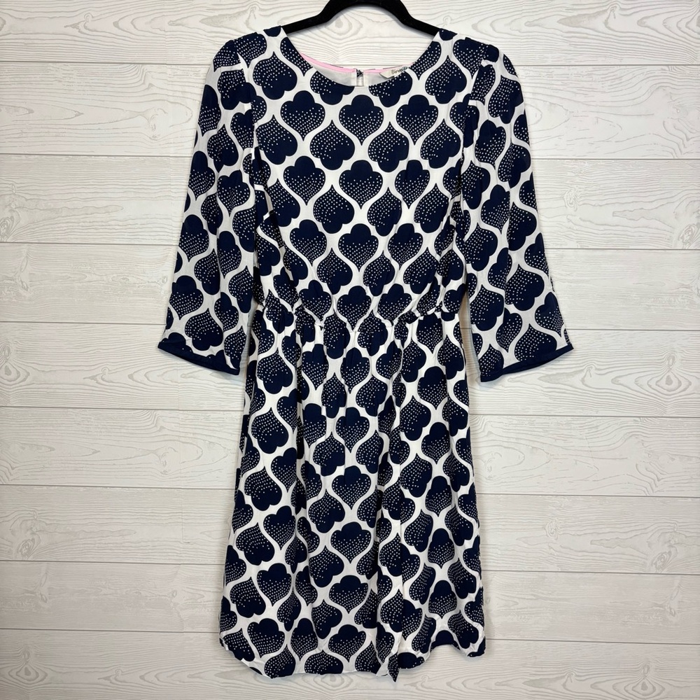 BODEN BLOUSEN DRESS BLUE WHITE SPADE HEARTS 3/4 SLEEVE SIZE 8